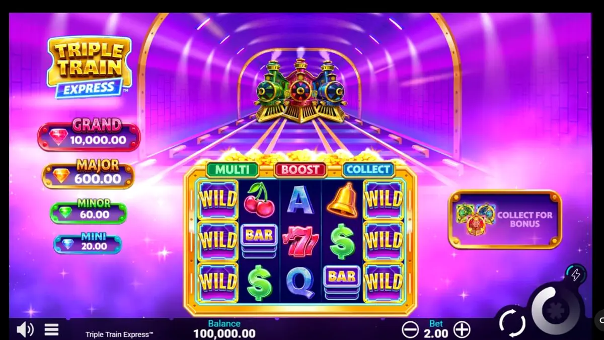 Tampilan visual futuristik dari slot Triple Train Express dengan nuansa neon